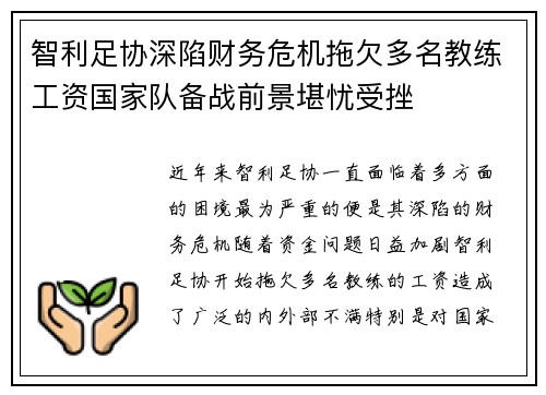 智利足协深陷财务危机拖欠多名教练工资国家队备战前景堪忧受挫